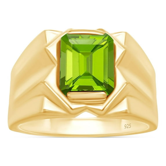 AFFY 8x10 mm Simulated Birthstone Men's Ring Peridot In 14K Yellow Gold Plated 925 Sterling Silver. Ring Size 7.5