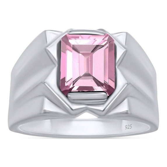 AFFY 8x10 mm Simulated Birthstone Men's Ring Pink Tourmaline In 14K White Gold Plated 925 Sterling Silver. Ring Size 7