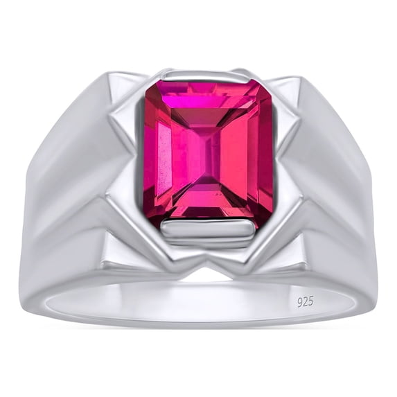 AFFY 8x10 mm Simulated Birthstone Men's Ring Ruby In 14K White Gold Plated 925 Sterling Silver. Ring Size 11