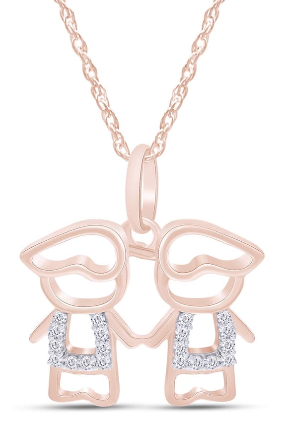 Adorable Two Twins Family Pendant Necklace in 14k Rose Gold Over Sterling Silver