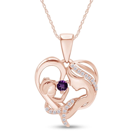 AFFY Amethyst & White Cubic Zirconia Mom Heart Pendant Necklace 14k Rose Gold over Silver