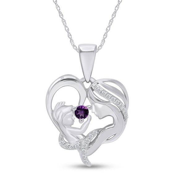AFFY Amethyst & White Cubic Zirconia Mom Heart Pendant Necklace 14k White Gold over Silver