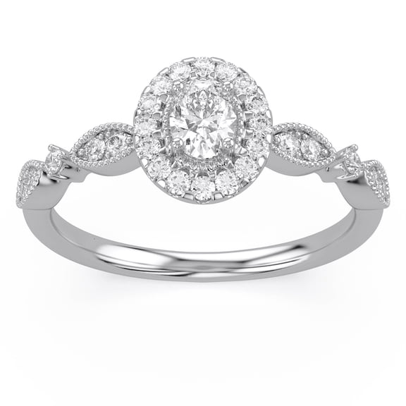 AFFY Art Deco Vintage Style Halo Promise Ring for Women, 0.30 Carat (ctw) Oval and Round Lab Grown Diamond Ring 14K Solid White Gold Jewelry For Her Size-10