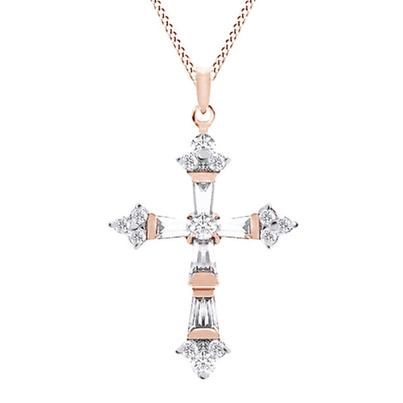 AFFY Baguette Cut White Cubic Zirconia Cross Pendant Necklace in 14K Rose Gold Over Sterling Silver