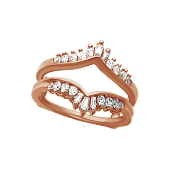 AFFY Baguette Cut White Natural Diamond Bridal Solitaire Enhancer Ring Guard In 14k Rose Gold (3/8 Cttw)