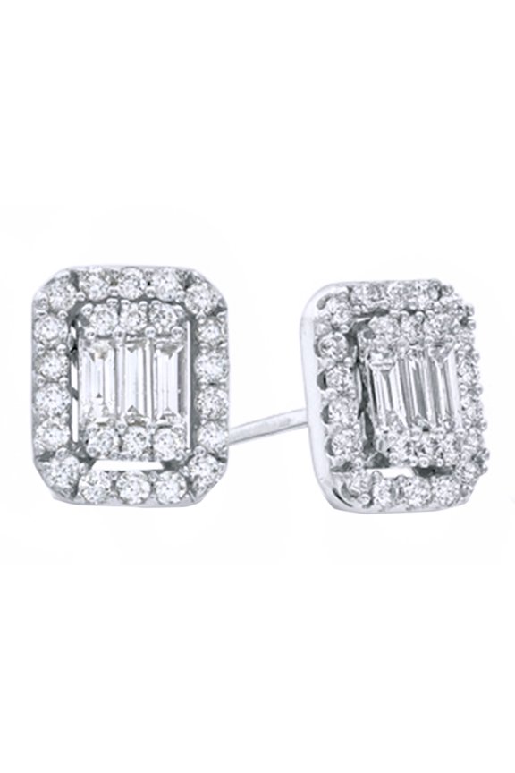 Baguette & Round Natural Diamond Stud Earrings in 14k White Gold (0.62 Cttw)