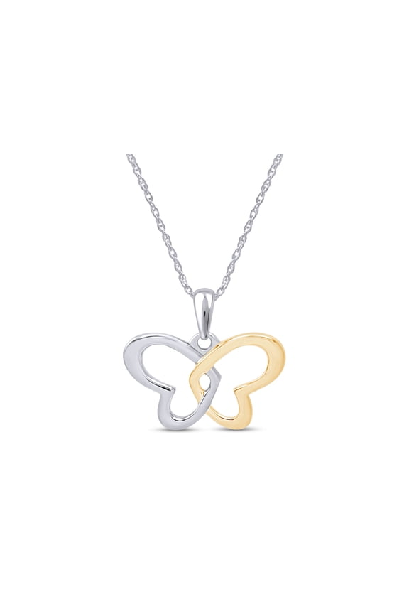 Beautiful Two Tone Double Heart Butterfly Pendant Necklace in 14K White Gold Over Sterling Silver