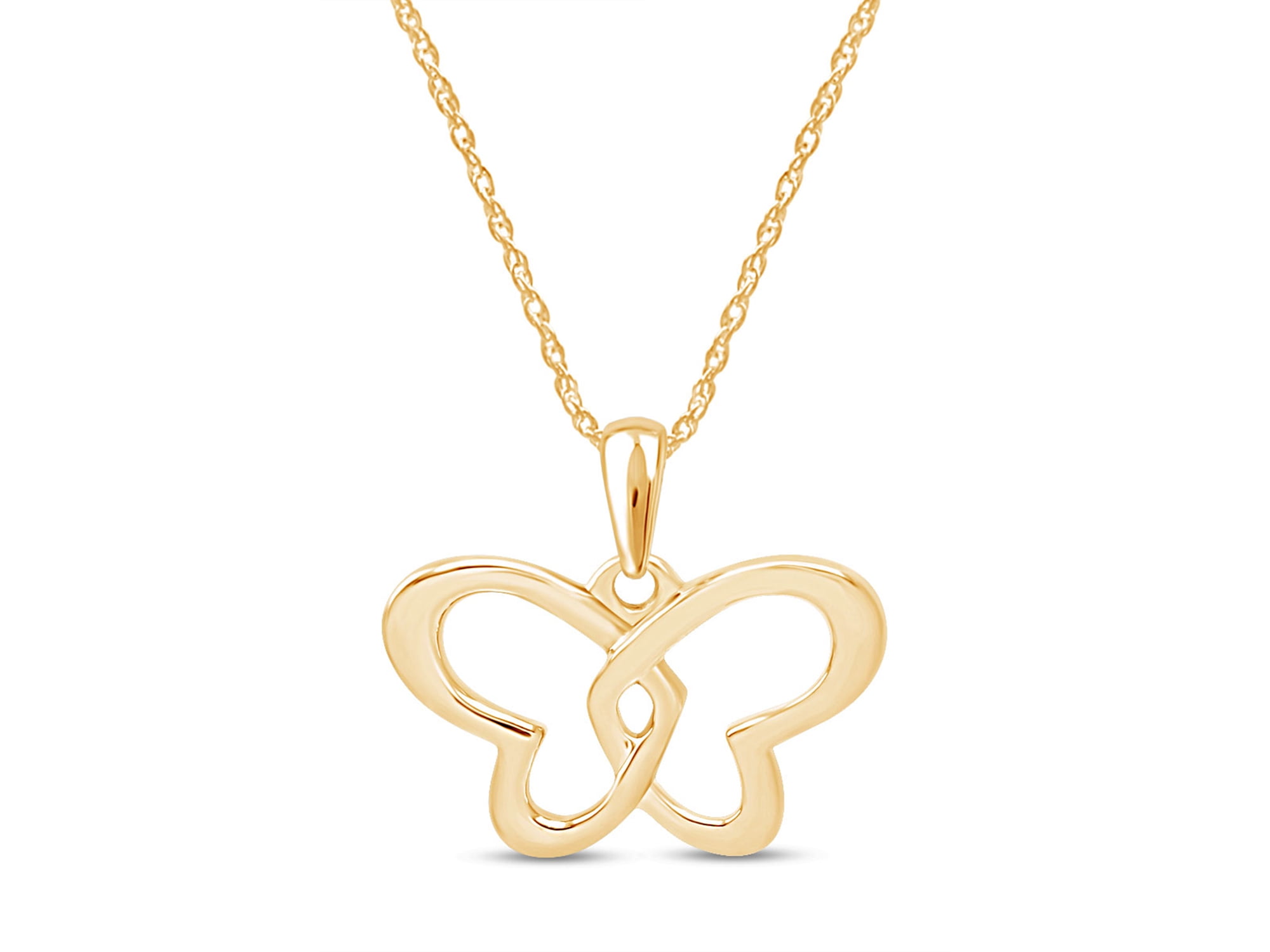AFFY Beautiful Two Tone Double Heart Butterfly Pendant Necklace in 14K Yellow Gold Over Sterling Silver