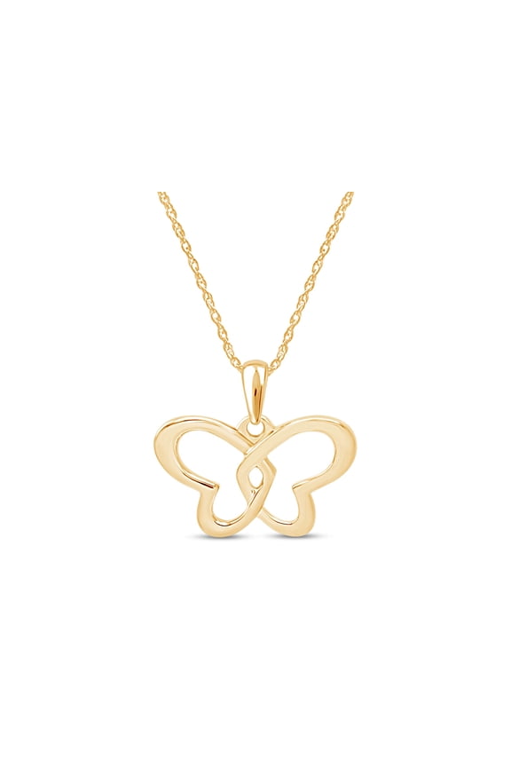 Beautiful Two Tone Double Heart Butterfly Pendant Necklace in 14K Yellow Gold Over Sterling Silver