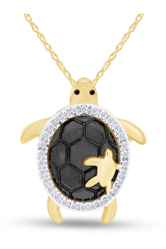 Black & White Natural Diamond Accent Turtle Pendant Necklace 14K Yellow Gold over Silver
