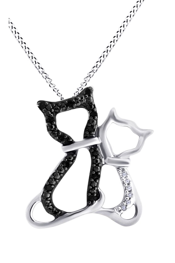 Black & White Natural Diamond Kitty Cats Pendant Necklace 14k White Gold Over Sterling Silver