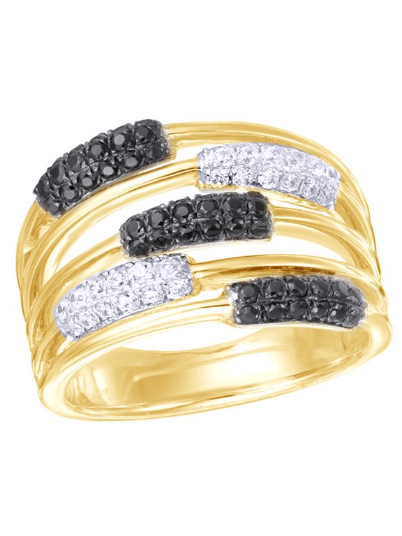 Black & White Natural Diamond Multi-Row Orbit Band Ring in 10k Yellow Gold
