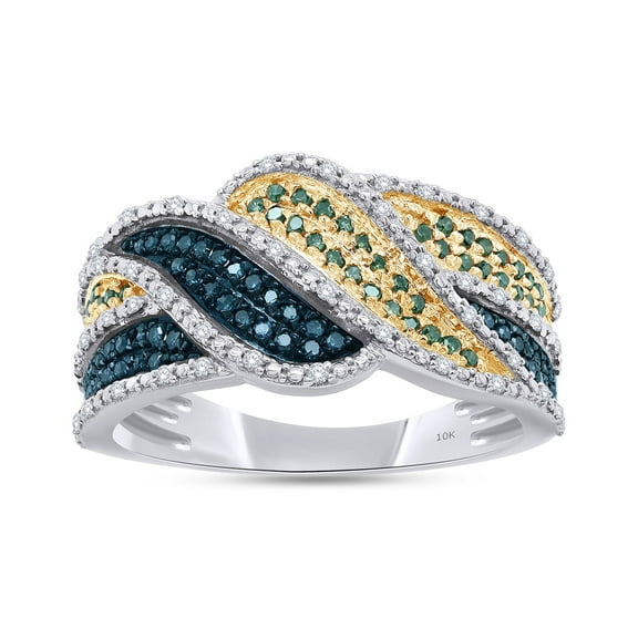 AFFY Blue, Green & White Natural Diamond Waves Ring in 10k White Gold