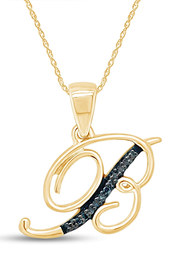 Blue Natural Diamond Initial "B" Pendant Necklace in 14k Yellow Gold Over Sterling Silver
