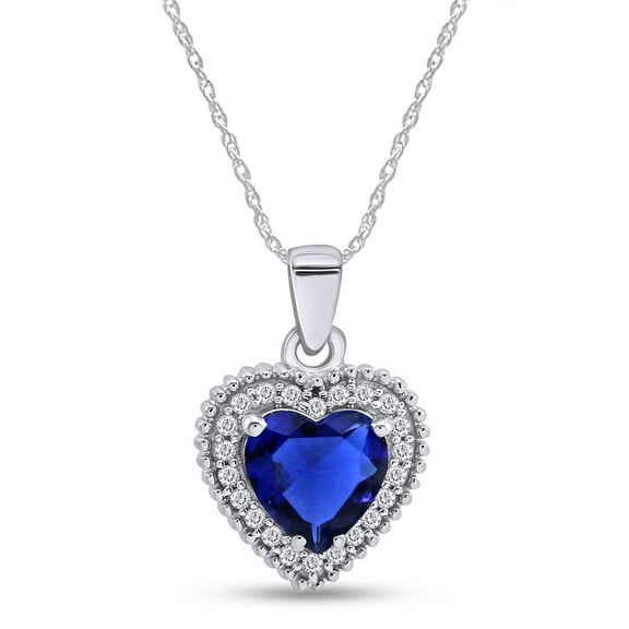 AFFY Blue Sapphire & White Cubic Zirconia Heart Pendant Necklace for Women 14K White Gold over Silver