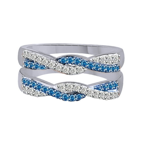 AFFY Blue & White Natural Diamond Enhancer Wrap Wedding Ring In 10k White Gold (0.5 Cttw)