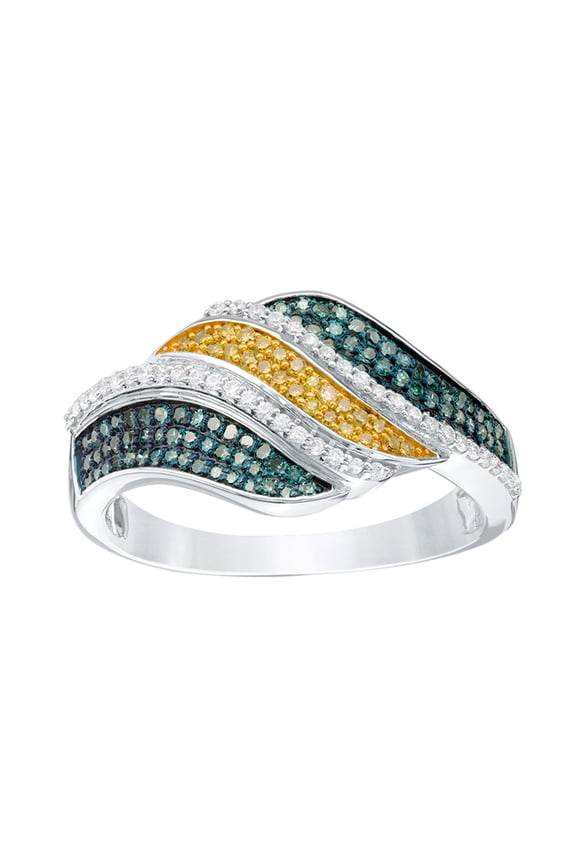 Blue, Yellow & White Natural Diamond Waves Ring in 10k White Gold