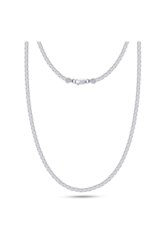 Box Chain Necklace for Women and Men 19GR Italian Crafted 2.5mm Link Chain 20 Inch 14K White Gold Over 925 Sterling Silver with Lobster Claw Clasp