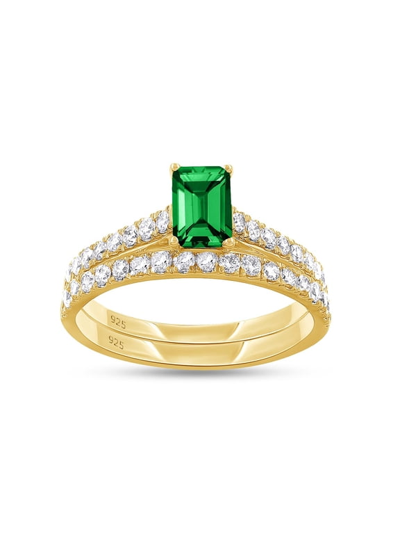 Bridal Ring Set For Women, 1.00 Carat (Ctw) Green Emerald Lab Grown Gemstone & Round Lab Grown Diamond Engagement Wedding Ring Set In 14K Yellow Gold Over Sterling Silver Jewelry-7