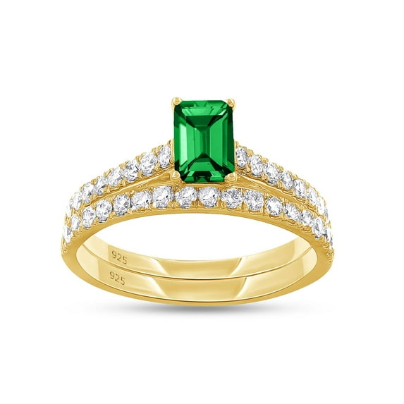 AFFY Bridal Ring Set For Women, 1.00 Carat (Ctw) Green Emerald Lab Grown Gemstone & Round Lab Grown Diamond Engagement Wedding Ring Set In 14K Yellow Gold Over Sterling Silver Jewelry-5