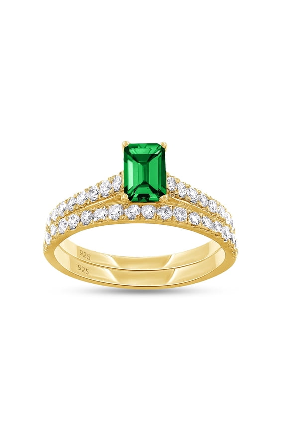 Bridal Ring Set For Women, 1.00 Carat (Ctw) Green Emerald Lab Grown Gemstone & Round Lab Grown Diamond Engagement Wedding Ring Set In 14K Yellow Gold Over Sterling Silver Jewelry-9