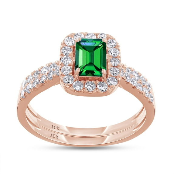 AFFY Bridal Ring Set For Women, 1.00 Carat Green Emerald Lab Grown Gemstone & Round Lab Grown Diamond Halo Solitaire Wedding Ring Set In 10K Solid Rose Gold Jewelry(1.00 Cttw)-6.5