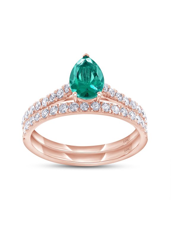 Bridal Ring Set For Women, 1.10 Carat (ctw) Pear Shape Green Emerald Lab Grown Gemstone & Round Lab Grown Diamond Teardrop Promise Engagement Rings In 10K Solid Rose Gold Jewelry -6