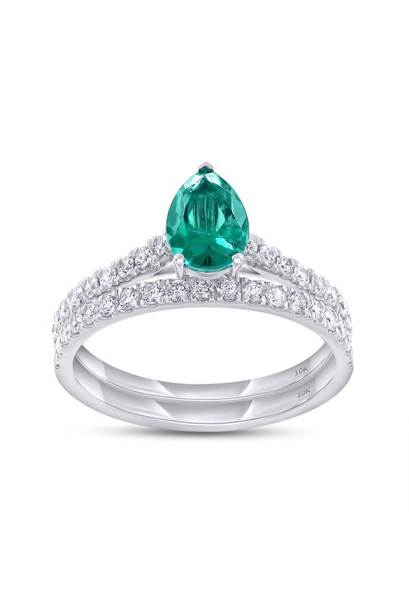 Bridal Ring Set For Women, 1.10 Carat (ctw) Pear Shape Green Emerald Lab Grown Gemstone & Round Lab Grown Diamond Teardrop Promise Engagement Rings In 10K Solid White Gold Jewelry -7.5