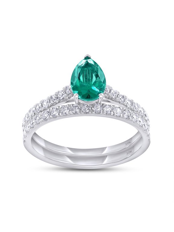 Bridal Ring Set For Women, 1.10 Carat (ctw) Pear Shape Green Emerald Lab Grown Gemstone & Round Lab Grown Diamond Teardrop Promise Engagement Rings In 10K Solid White Gold Jewelry -5.5