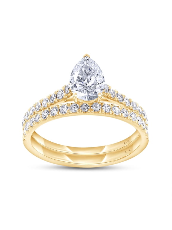Bridal Ring Set For Women, 1.15 Carat Pear & Round Shape Lab Grown Diamond Teardrop Promise Wedding Ring Set In 10K Solid Yellow Gold Jewelry Gifts For Her (1.15 Cttw)-4