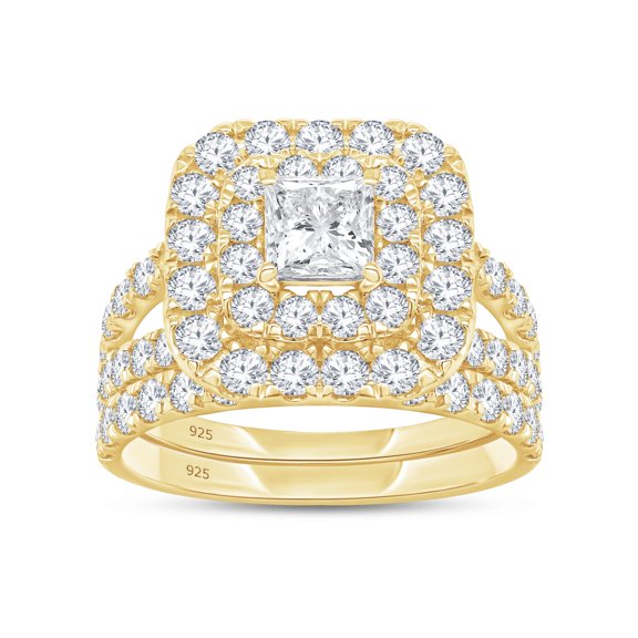 AFFY Bridal Rings Set for Women 4.5MM Princess Lab Created Moissanite Engagement Ring With Matching Band Set for Her in 14K Yellow Gold Over Sterling Silver Size 5