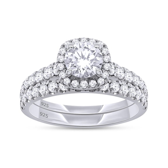 AFFY Bridal Rings Set for Women 5MM Round Lab Created Moissanite Engagement Ring With Matching Band Set for Her in 14K White Gold Over Sterling Silver, Size 7