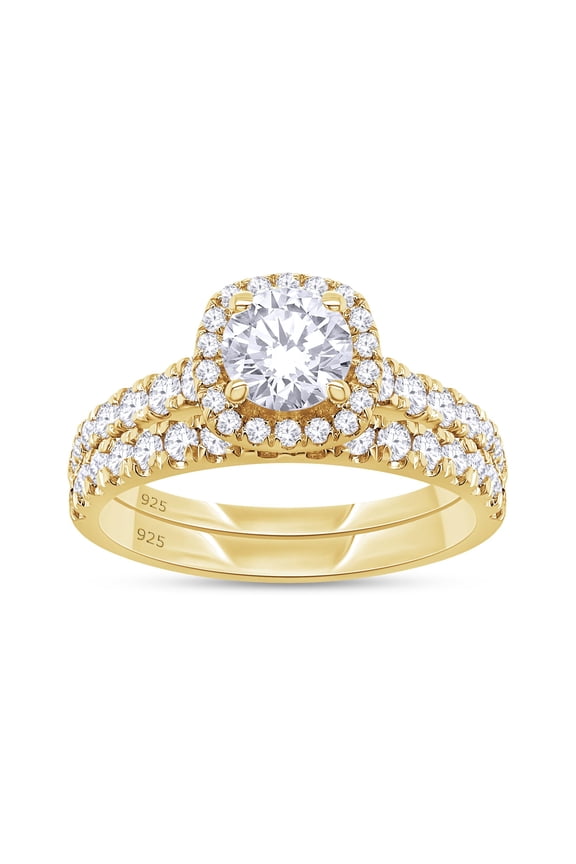 Bridal Rings Set for Women 5MM Round Lab Created Moissanite Engagement Ring With Matching Band Set for Her in 14K Yellow Gold Over Sterling Silver, Size 9