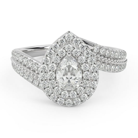 AFFY Bypass Double Halo Solitaire Engagement Ring for Women, 0.90 Carat (ctw) Pear And Round Cut Lab Grown Diamond Ring In 10K Solid White Gold F-G, VS-SI Quality Ring Size-6.5