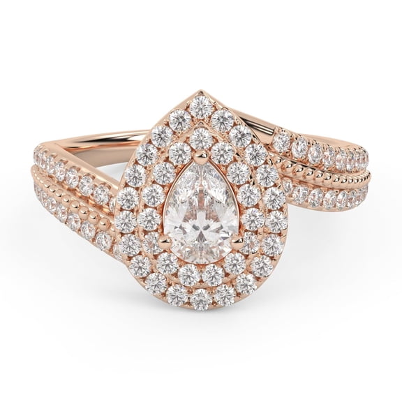AFFY Bypass Double Halo Solitaire Engagement Ring for Women, Center 6x4MM Pear and Round Cut Lab Created Moissanite Ring In 10K Solid Rose Gold Size 7.5