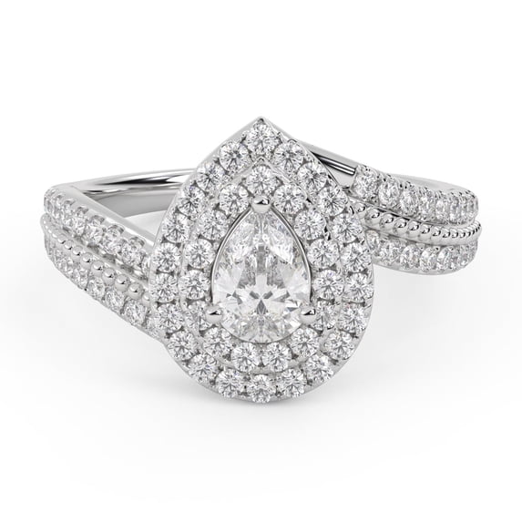 AFFY Bypass Double Halo Solitaire Engagement Ring for Women, IGI Certified 0.90 Carat (ctw) Pear And Round Cut Lab Grown Diamond Ring In 14K Solid White Gold F-G, VS-SI Quality Ring Size-7