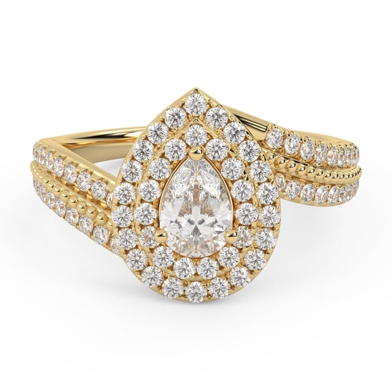 AFFY Bypass Double Halo Solitaire Engagement Ring for Women, IGI Certified 0.90 Carat (ctw) Pear And Round Cut Lab Grown Diamond Ring In 14K Solid Yellow Gold F-G, VS-SI Quality Ring Size-9.5
