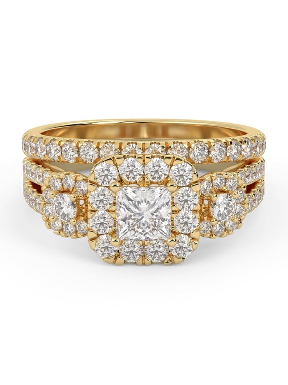 Center 4MM Princess Cut Lab Created Moissanite Three Stone Halo Engagement Wedding Bridal Set Ring for Women In 14K Solid Yellow Gold Size 8.5