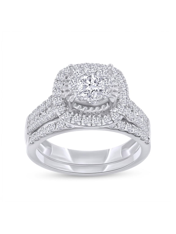 Cluster Engagement Bridal Ring Set For Women 1.00 Cttw Round Shape Lab Grown Diamond Halo Wedding Band Rings Set in 14K White Gold Plated 925 Sterling Silver Jewelry Size-7.5