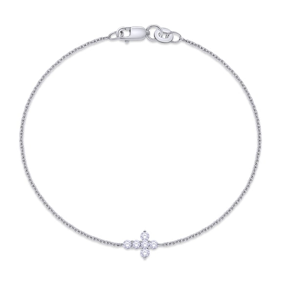 Cross Bracelet for Women | 2MM Round Lab Grown Diamond Charm Link Chain Bracelet | 14K White Gold Over Sterling Silver Christian Religious Jewelry (0.21Ctw)-7.5 Inch