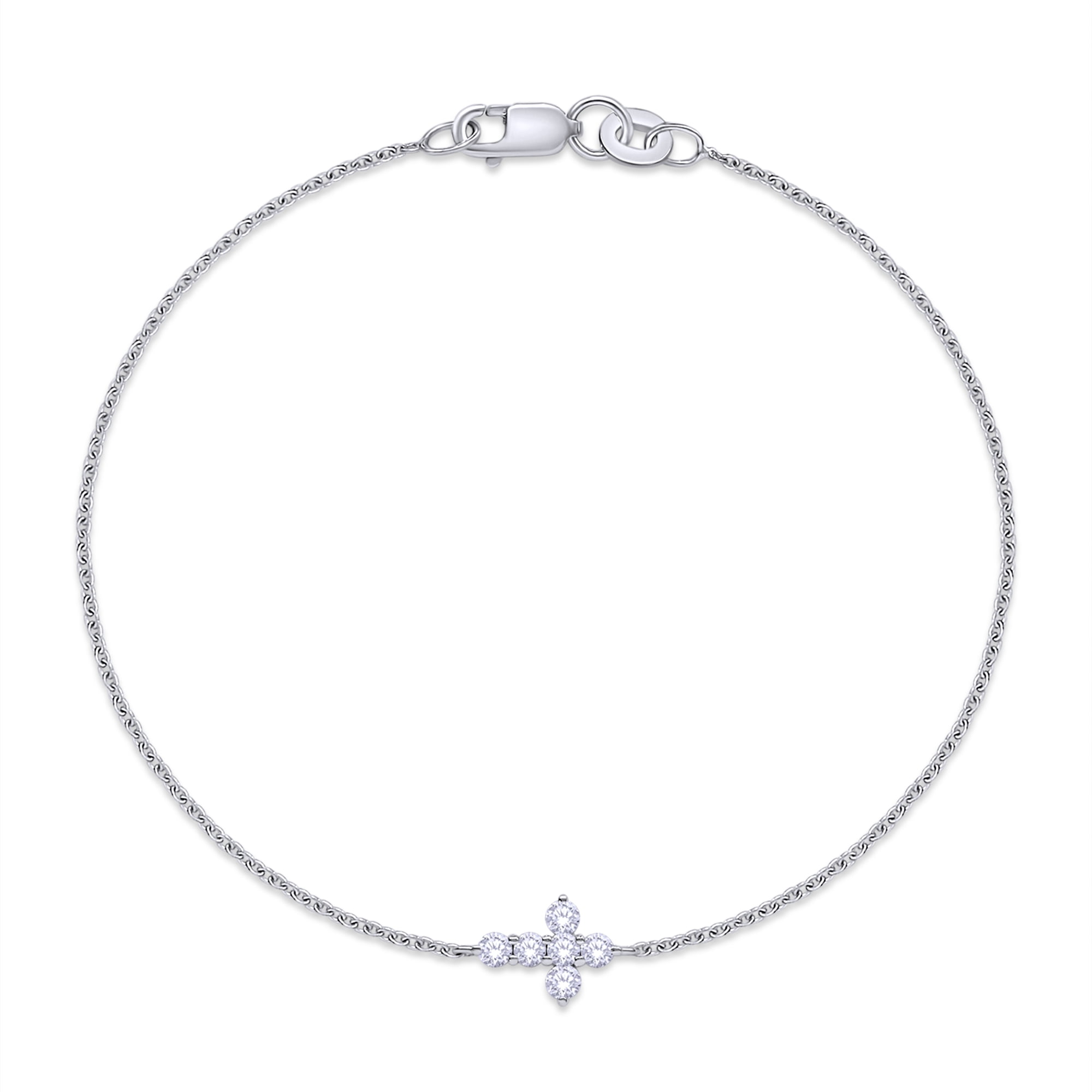 Cross Bracelet for Women | 2MM Round Lab Grown Diamond Charm Link Chain Bracelet | 14K White Gold Over Sterling Silver Christian Religious Jewelry (0.21Ctw)-7.00 Inch