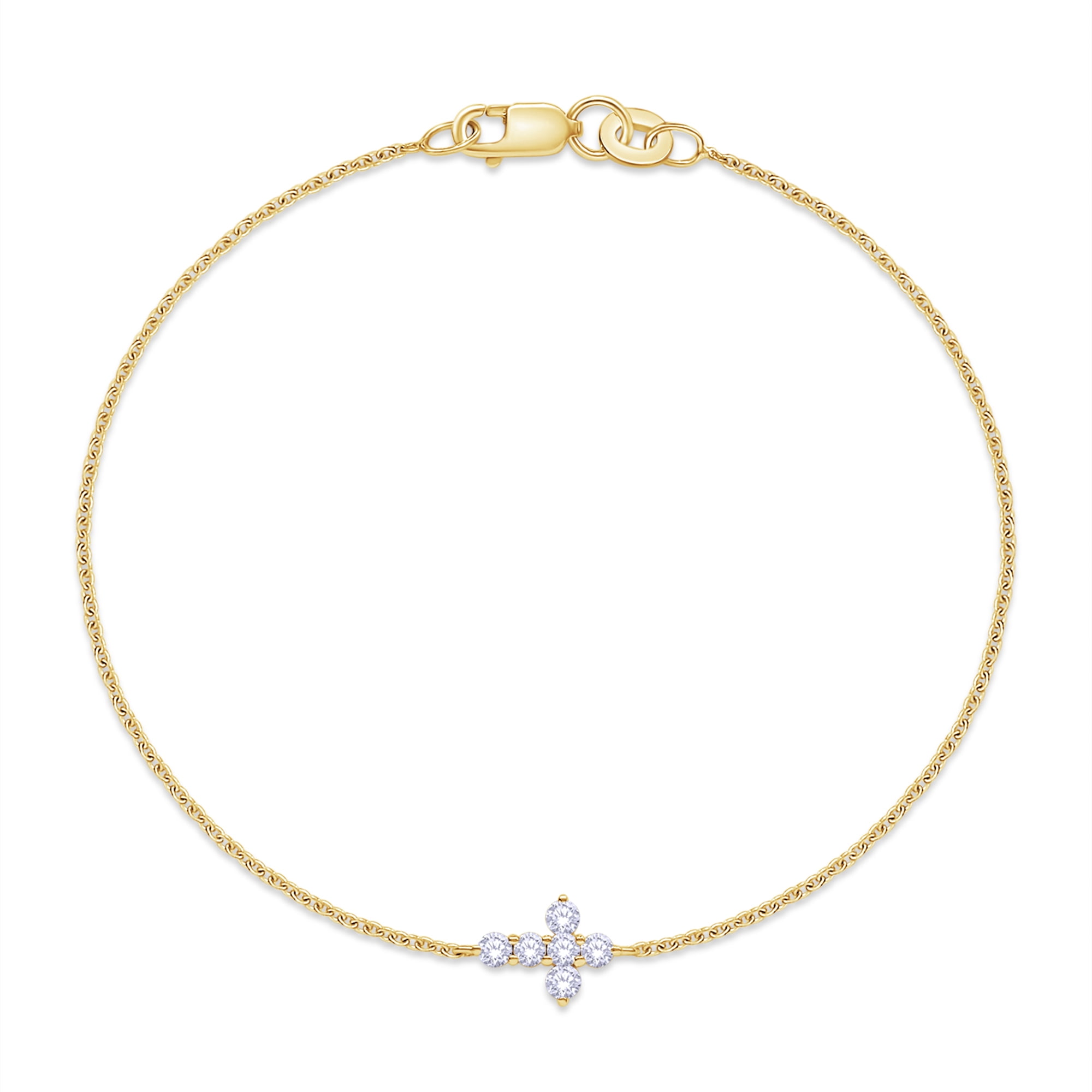 Cross Bracelet for Women | 2MM Round Lab Grown Diamond Charm Link Chain Bracelet | 14K Yellow Gold Over Sterling Silver Christian Religious Jewelry (0.21Ctw)-7.5 Inch