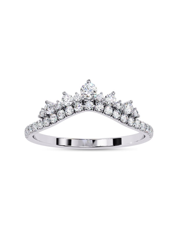 Crown Chevron Curved Engagement Rings for Women, Round Cut Lab Created Moissanite V Shape Wedding Band Ring in 14K White Gold Plated 925 Sterling Silver Size-8.5