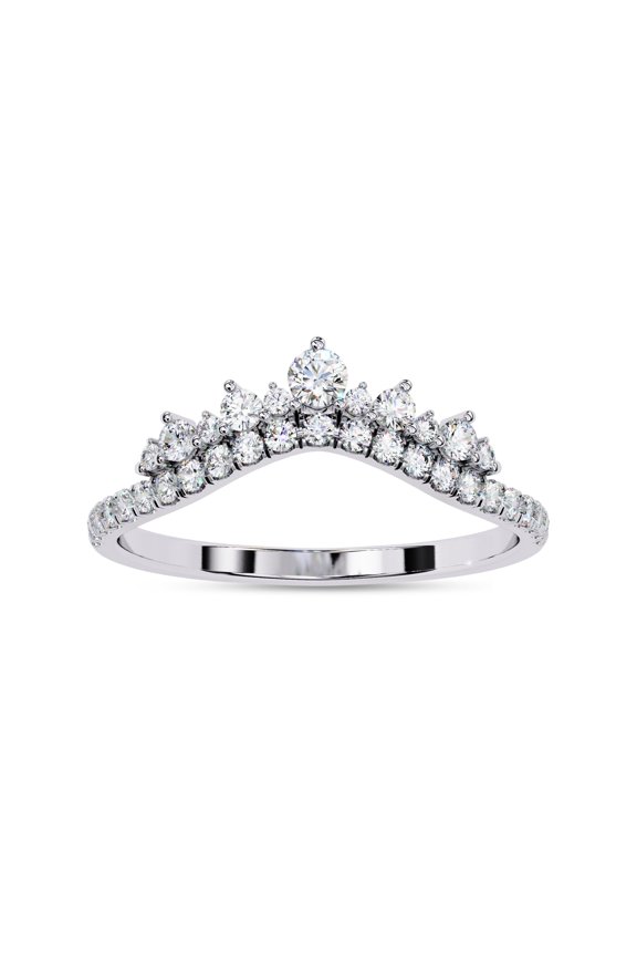 Crown Chevron Curved Engagement Rings for Women, Round Cut Lab Created Moissanite V Shape Wedding Band Ring in 14K Solid White Gold Size-5