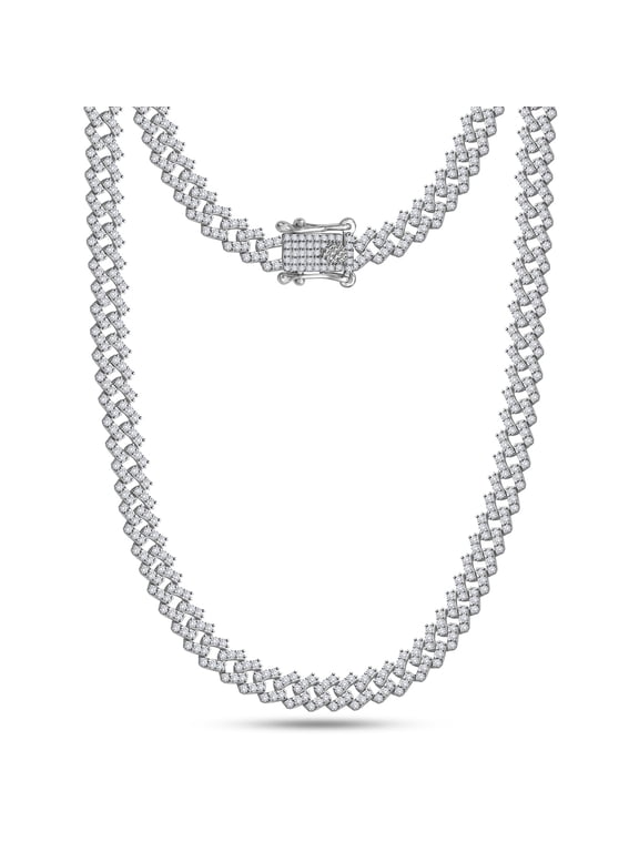 Cuban Chain Necklace for Men 5MM Width Round Lab Created Moissanite Single Row Chain Necklace In 14K White Gold Plated 925 Sterling Silver, 24 inch Length Gifts For Him (9.20 ctw)
