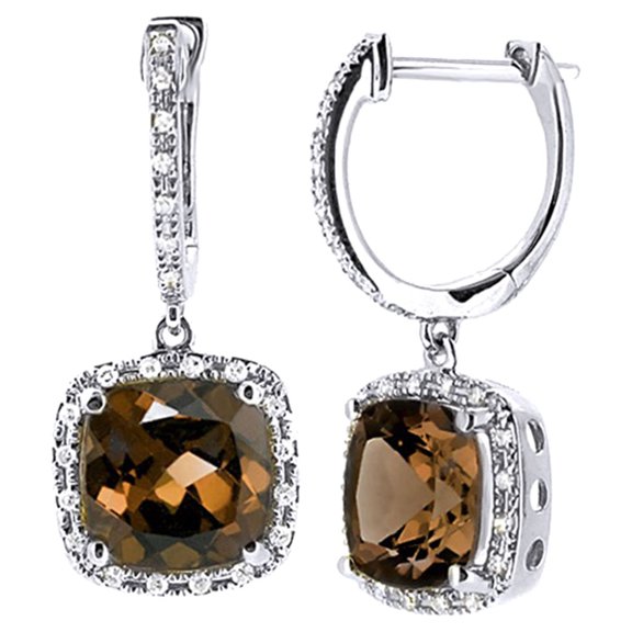 AFFY Cushion Cut Brown Cubic Zirconia With Accent Dangle Earrings In 14K Solid White Gold