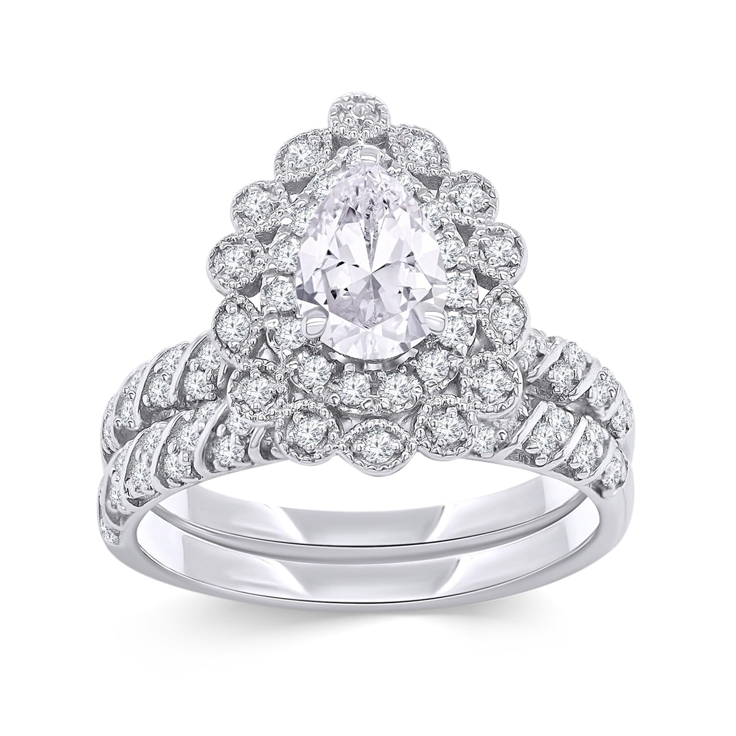 AFFY Double Halo Bridal Ring Set for Women 1.00 Carat Pear and Round AFFY Double Halo Bridal Ring Set for Women 1.00 Carat Pear and Round