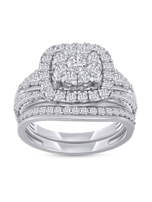 Double Halo Bridal Ring Set for Women 1.00 Carat Round Cut Lab Grown Diamond Engagement Wedding Rings in 14K White Gold Plated 925 Sterling Silver Jewelry Gift for Her Size-7