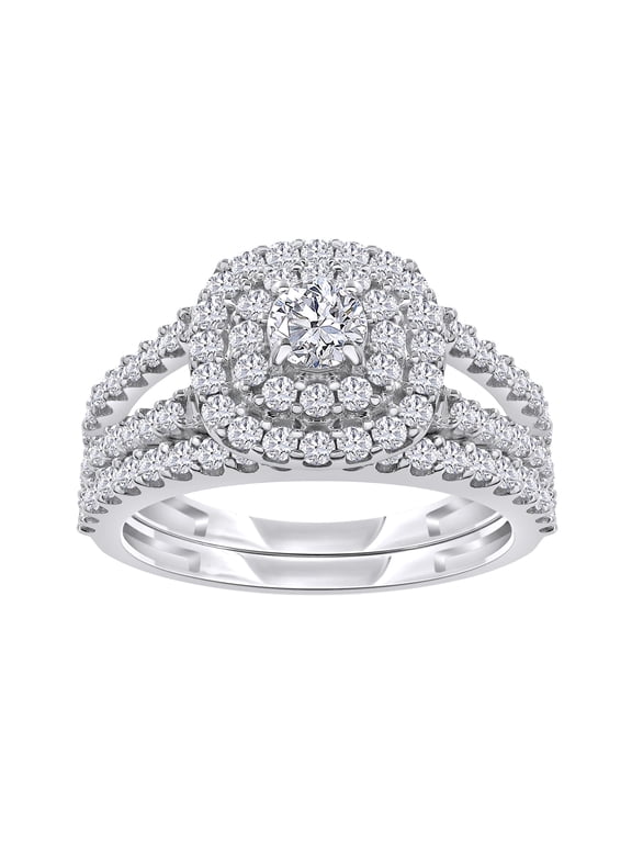 Double Halo Bridal Ring Set for Women 1.00 Carat Round Cut Lab Grown Diamond Split Shank Engagement Wedding Rings in 14K White Gold Plated 925 Sterling Silver Jewelry Size-8