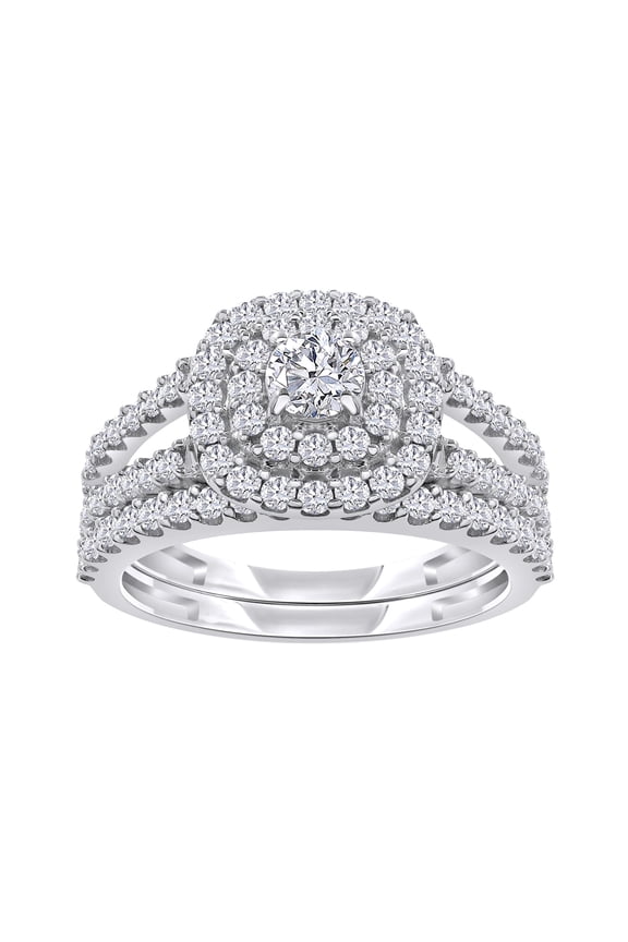 Double Halo Bridal Ring Set for Women 1.00 Carat Round Cut Lab Grown Diamond Split Shank Engagement Wedding Rings in 14K White Gold Plated 925 Sterling Silver Jewelry Size-6.5